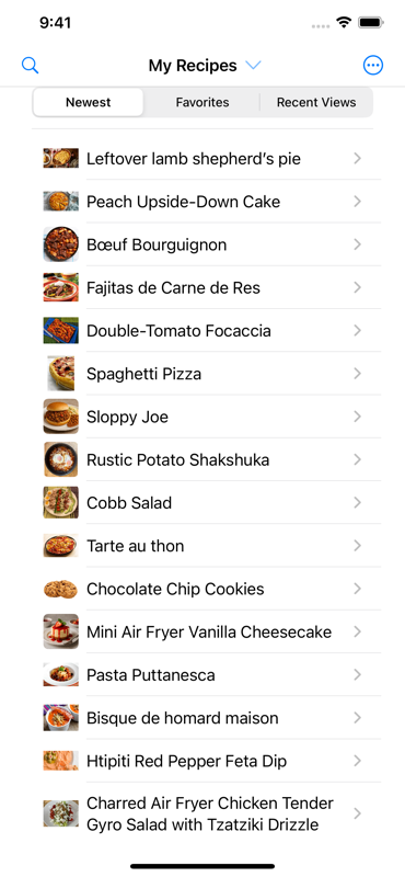 My Recipes list on iPhone